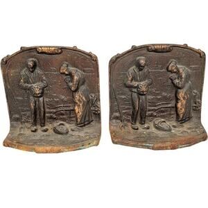 Antique Bronze The Anglus‎ Jean Francois-Millet Relief Mourning Funeral Bookends